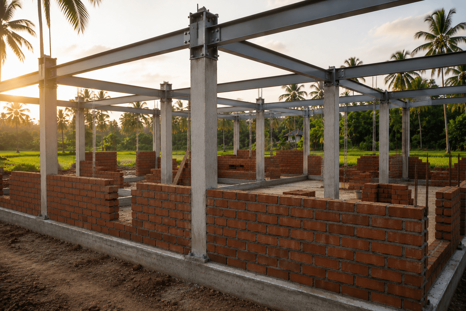 A steel and masonry structure standing on completed PEN foundations at a Kerala site
