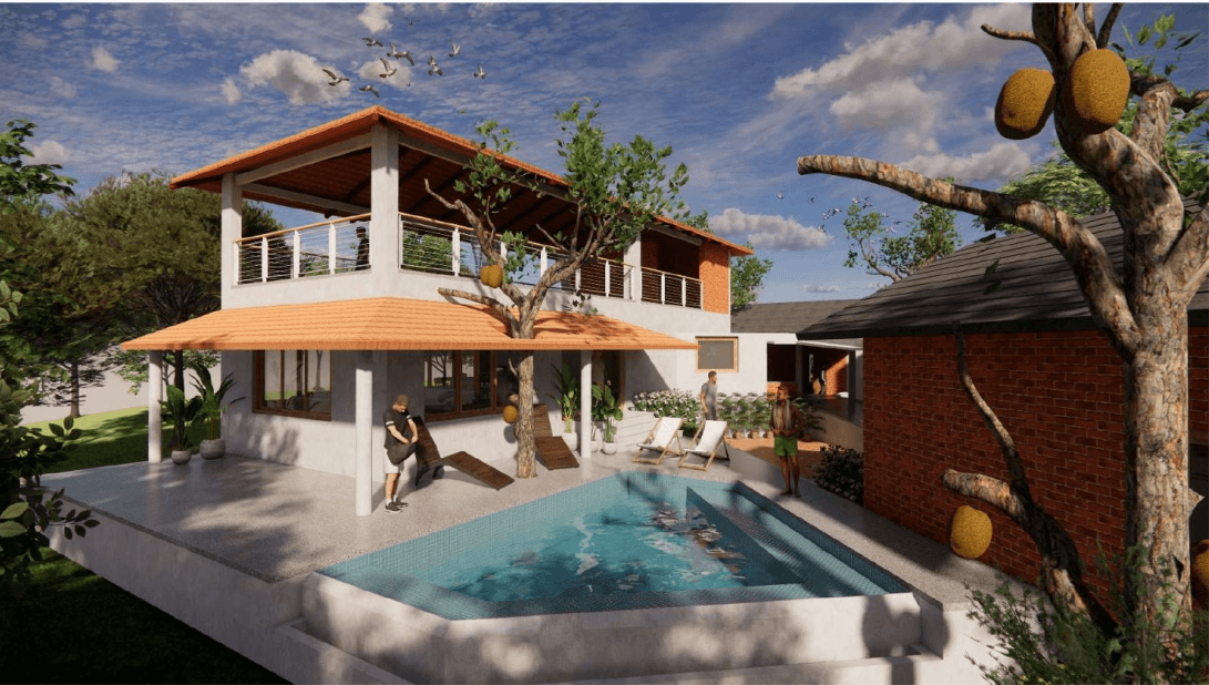 Visualisation of the Black Langur Resort: a two-storey block with a tiled roof and pool, built among standing jackfruit trees