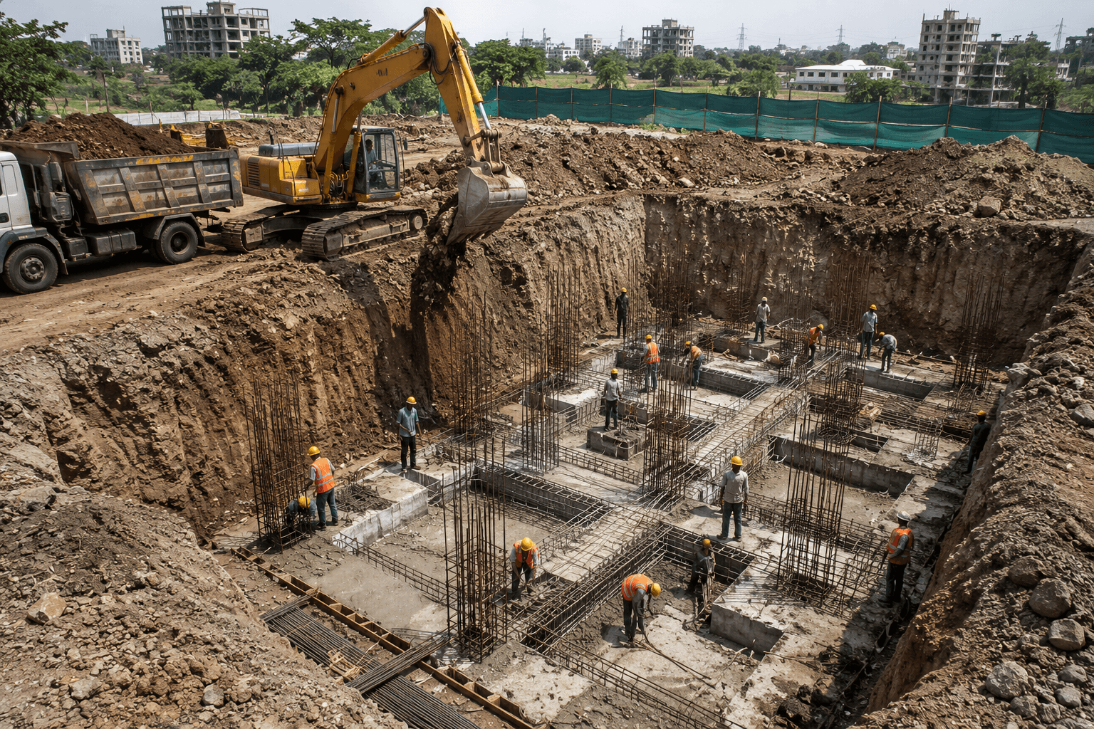 A deep excavation with reinforcement cages, an excavator and a spoil truck on a building site