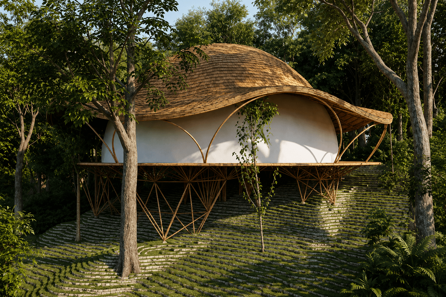 A pavilion at Startup EcoAshram: a curved shingled roof over white walls, raised above a wooded slope on a splayed bamboo frame