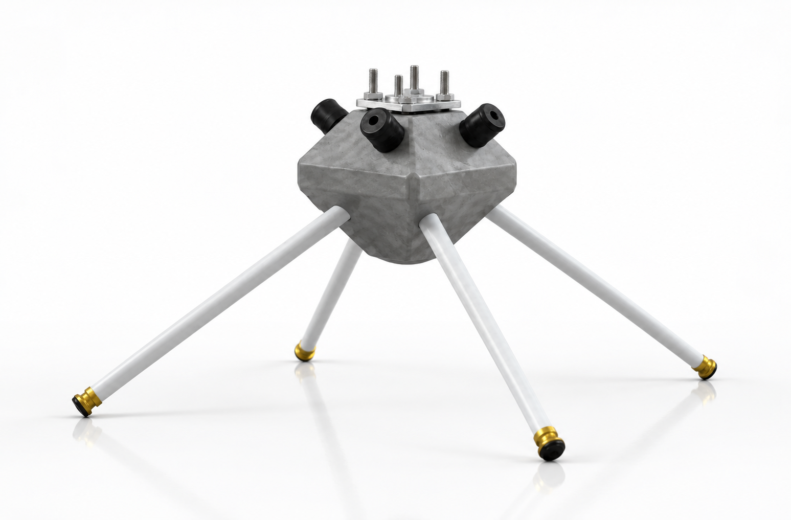 The PEN Foundation node: a precast concrete block with four galvanised steel nails splayed at a batter angle